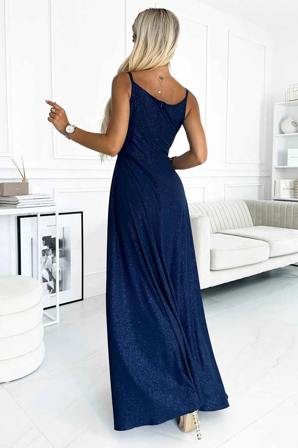 299-10 CHIARA rochie maxi elegantă pe umeri - ALBASTRU CU SCLIPICI