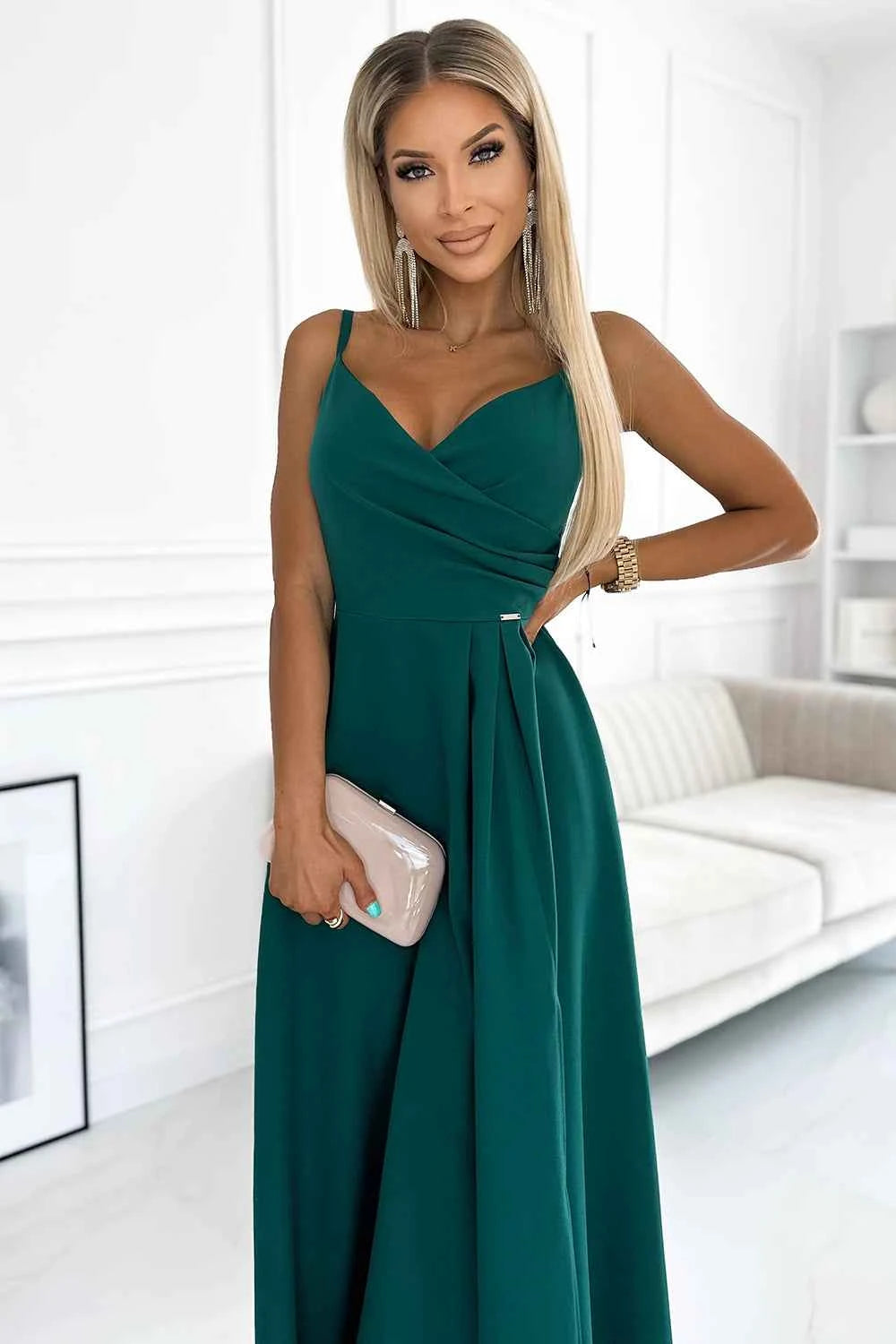299-11 CHIARA rochie lungă maxi elegantă pe umeri - VERDE