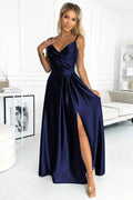 299-12 CHIARA rochie lungă maxi elegantă de satin pe umeri - MARINARIE