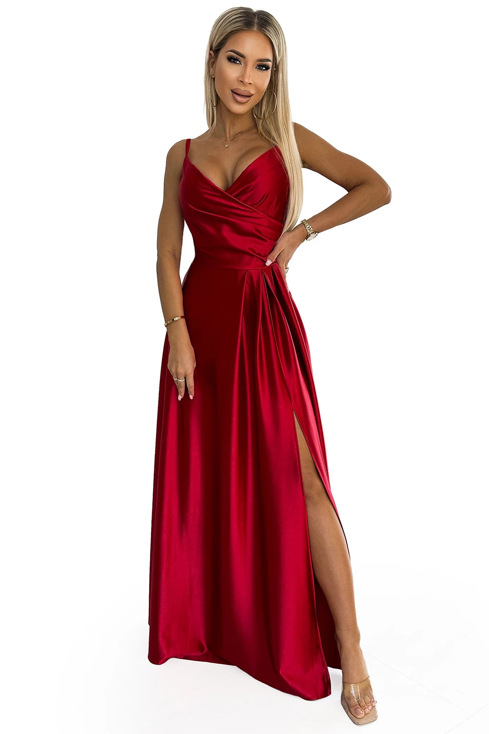 299-14 CHIARA rochie lungă elegantă de satin pe umeri - ROȘIE