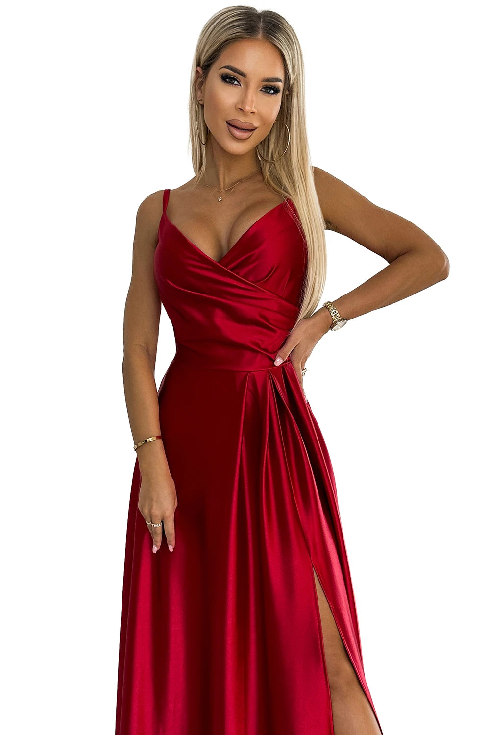 299-14 CHIARA rochie lungă elegantă de satin pe umeri - ROȘIE