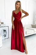 299-14 CHIARA rochie lungă elegantă de satin pe umeri - ROȘIE