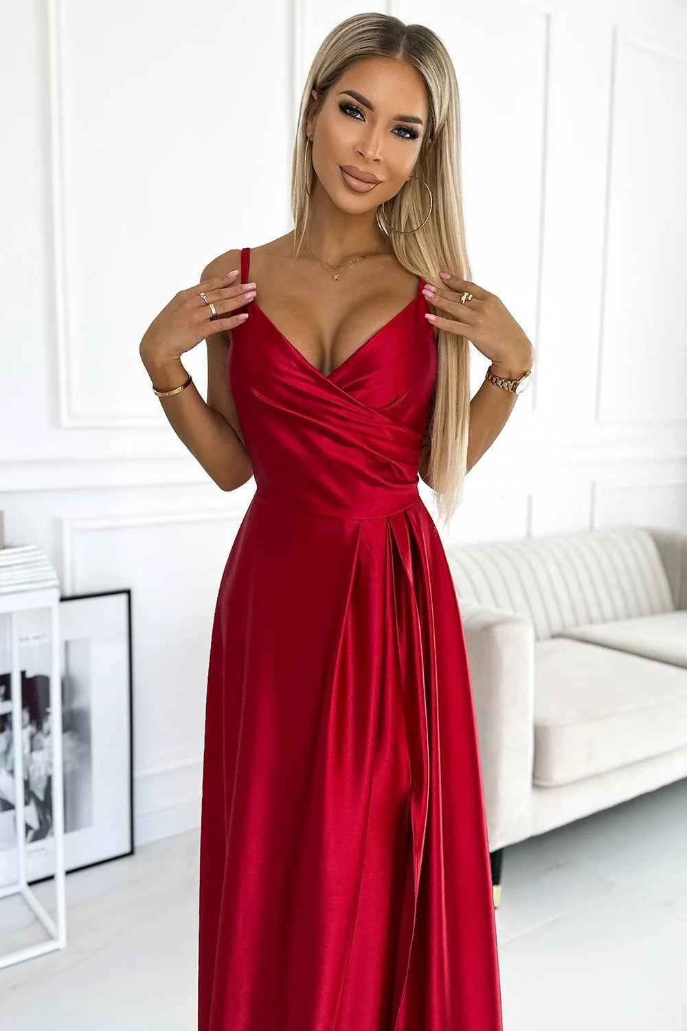 299-14 CHIARA rochie lungă elegantă de satin pe umeri - ROȘIE