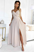 299-15 CHIARA rochie maxi elegantă pe umeri - bej cu sclipici