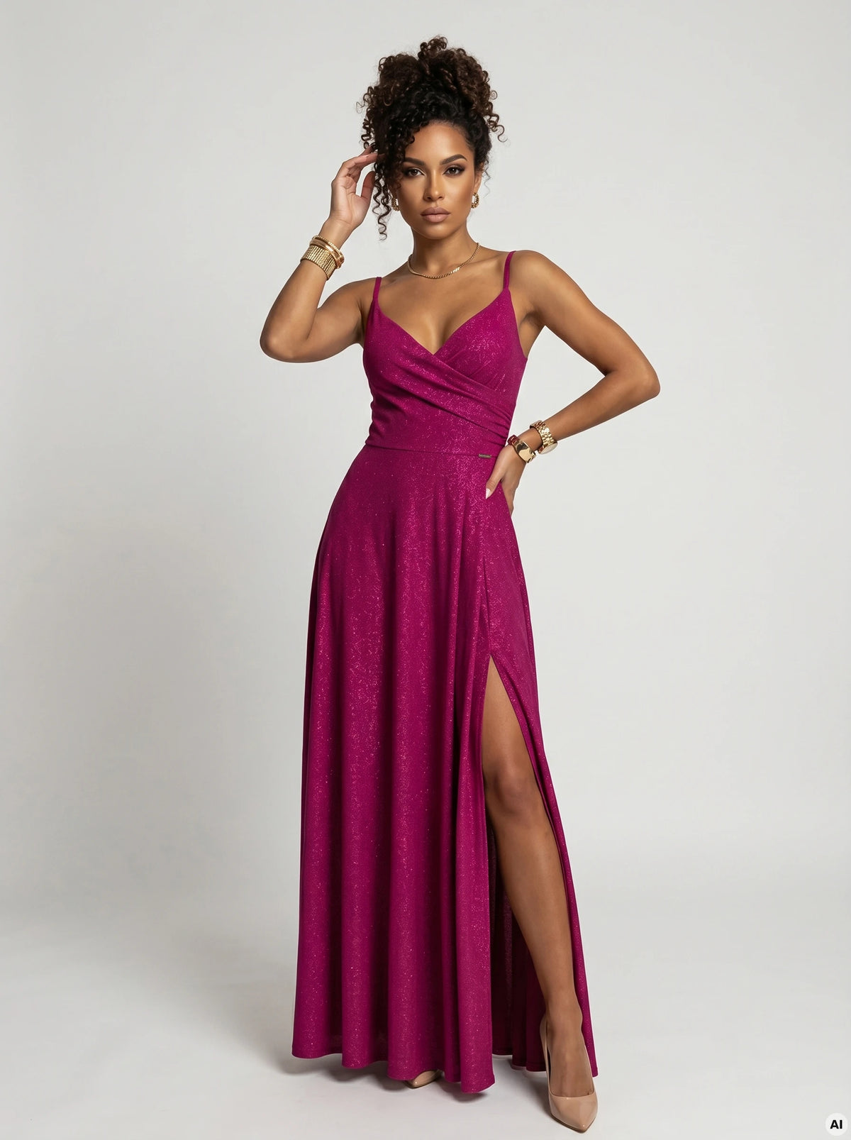 299-21 CHIARA Rochie de seara maxi lunga pe bretele - brocart fucsia