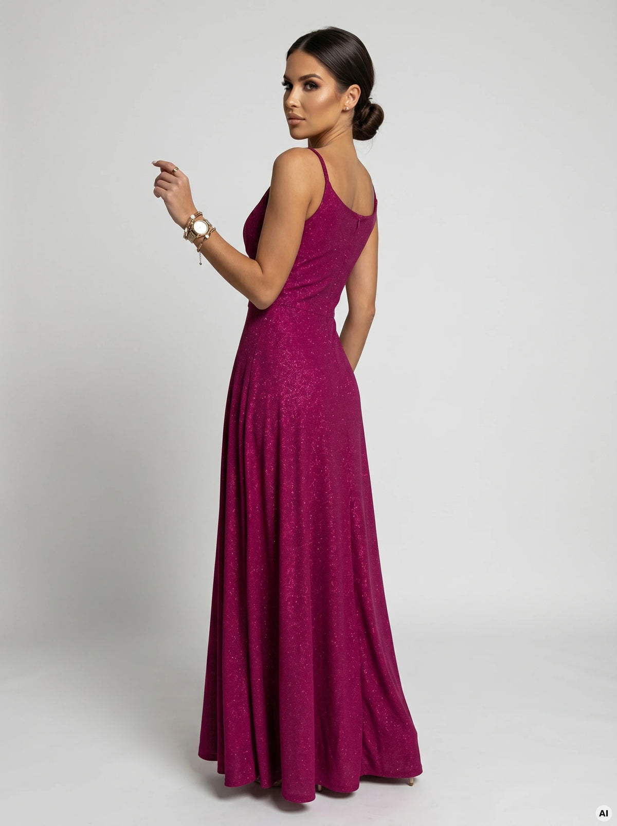 299-21 CHIARA Rochie de seara maxi lunga pe bretele - brocart fucsia