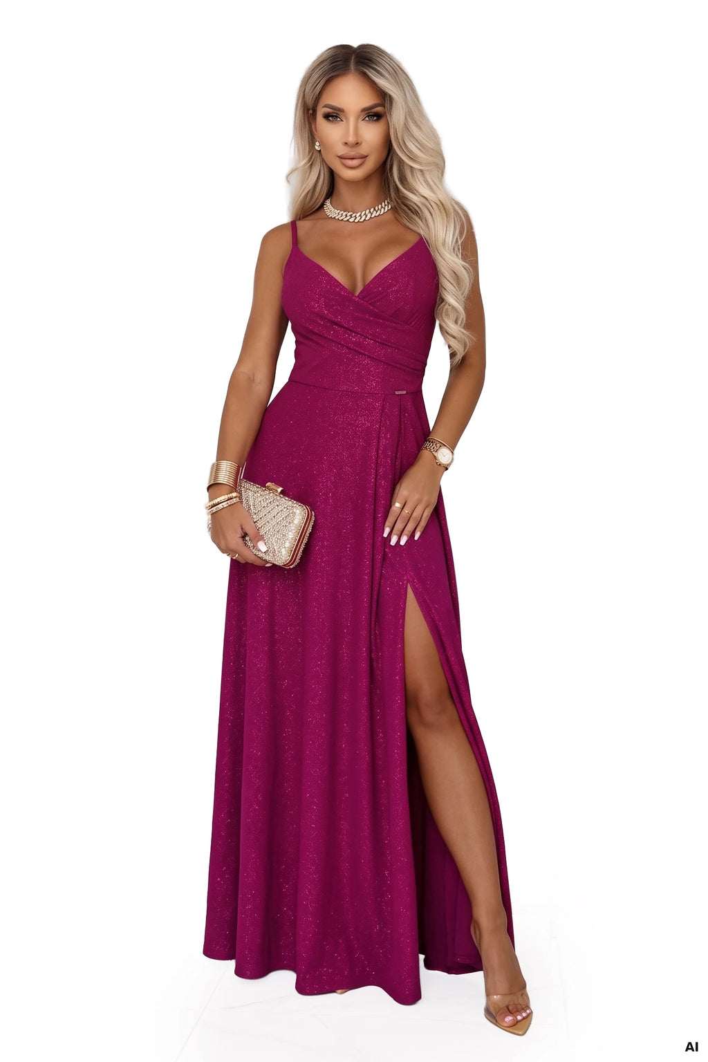 299-21 CHIARA Rochie de seara maxi lunga pe bretele - brocart fucsia