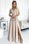 309-10 AMBER rochie lungă elegantă din dantelă cu decolteu și slit pe picior - BEJ