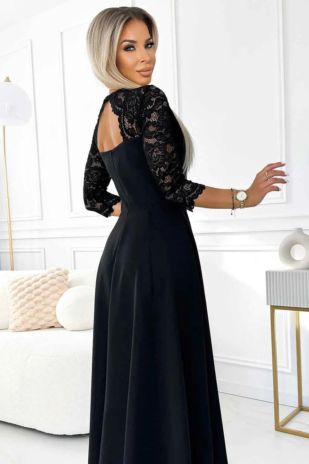 309-11 AMBER dantela, rochie lunga eleganta cu decolteu si crapatura la picior - neagra