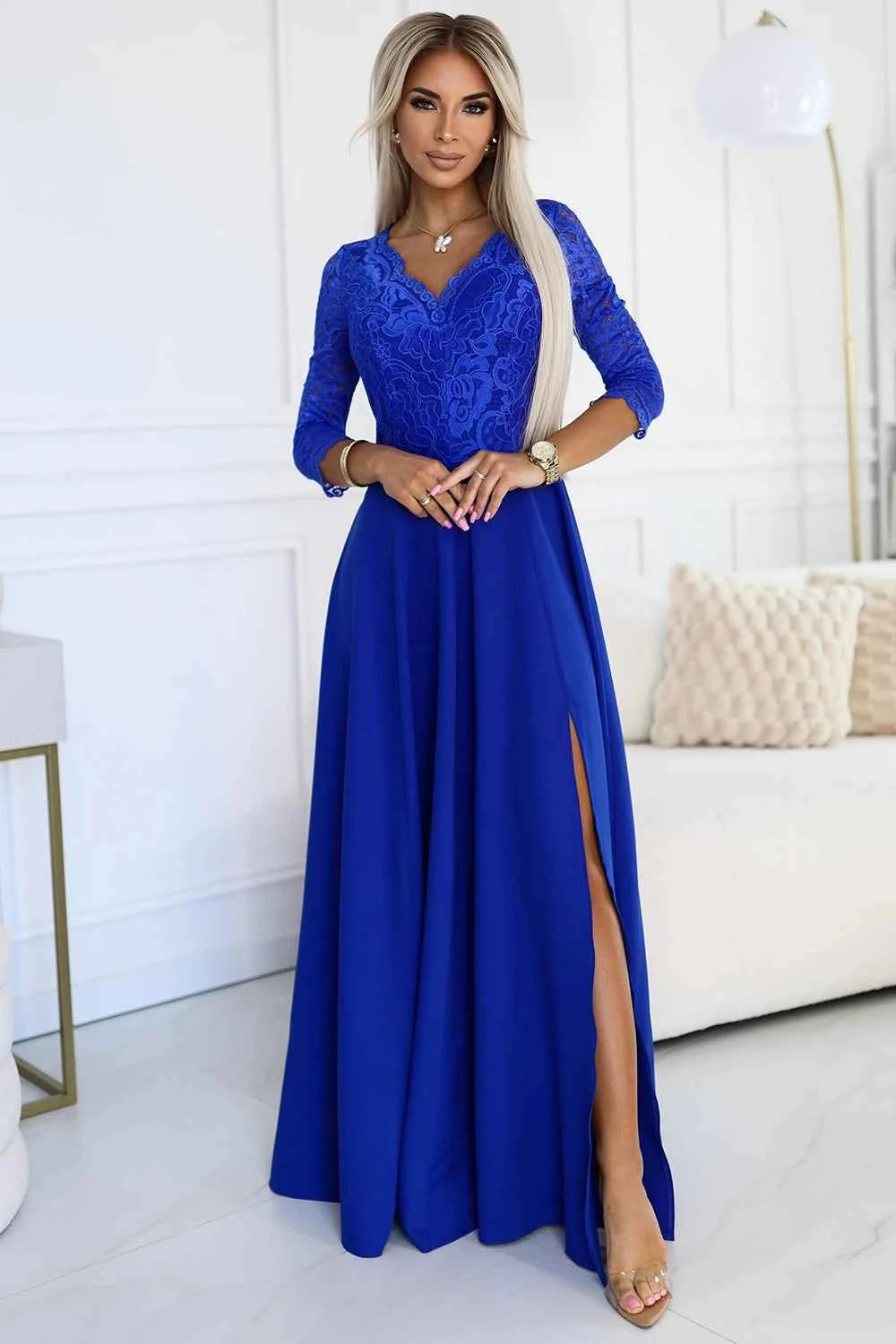 309-12 AMBER rochie lungă elegantă din dantelă cu decolteu - ALBASTRU REGAL