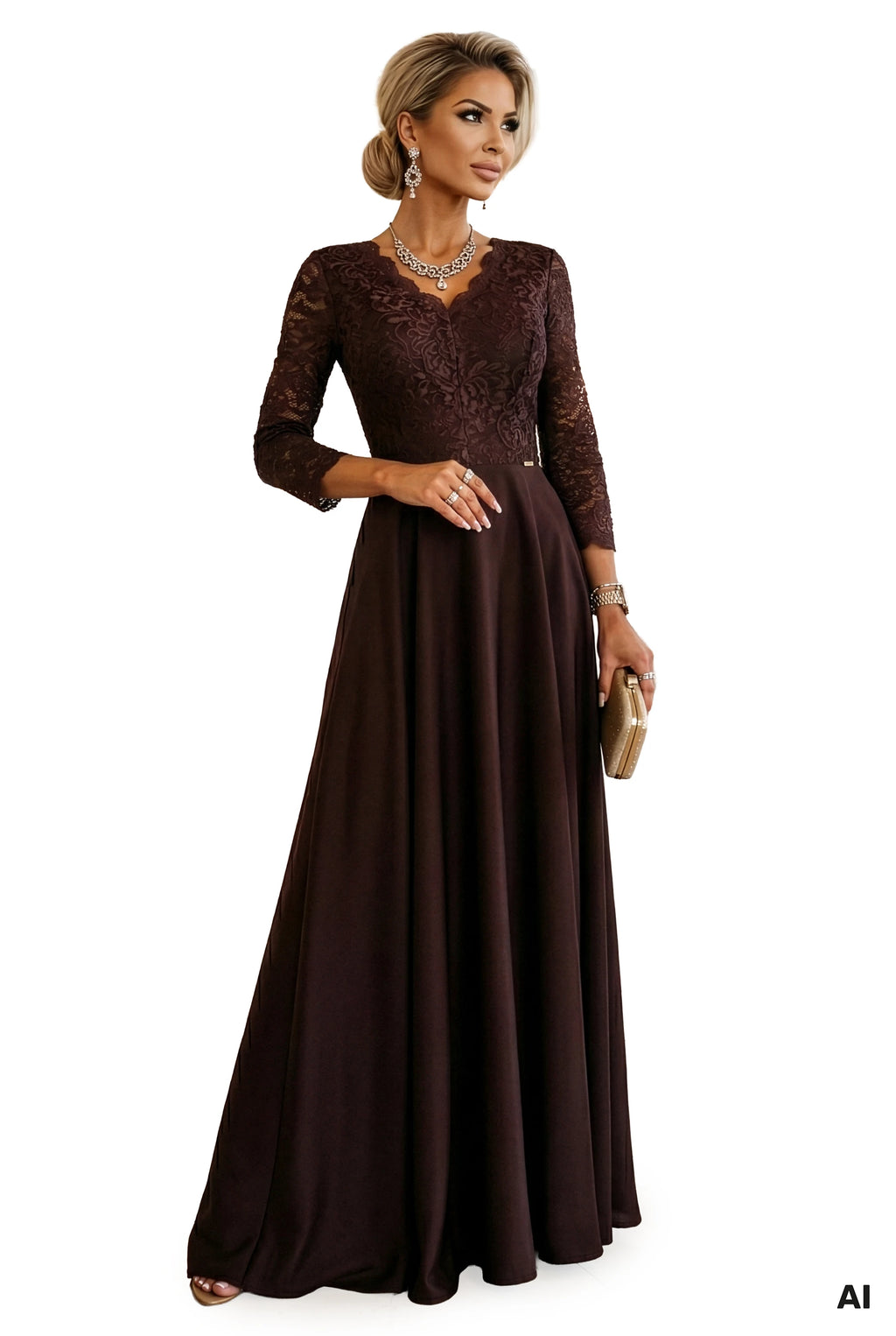 309-14 AMBER Rochie lungă elegantă din dantelă cu decolteu - ciocolatiu