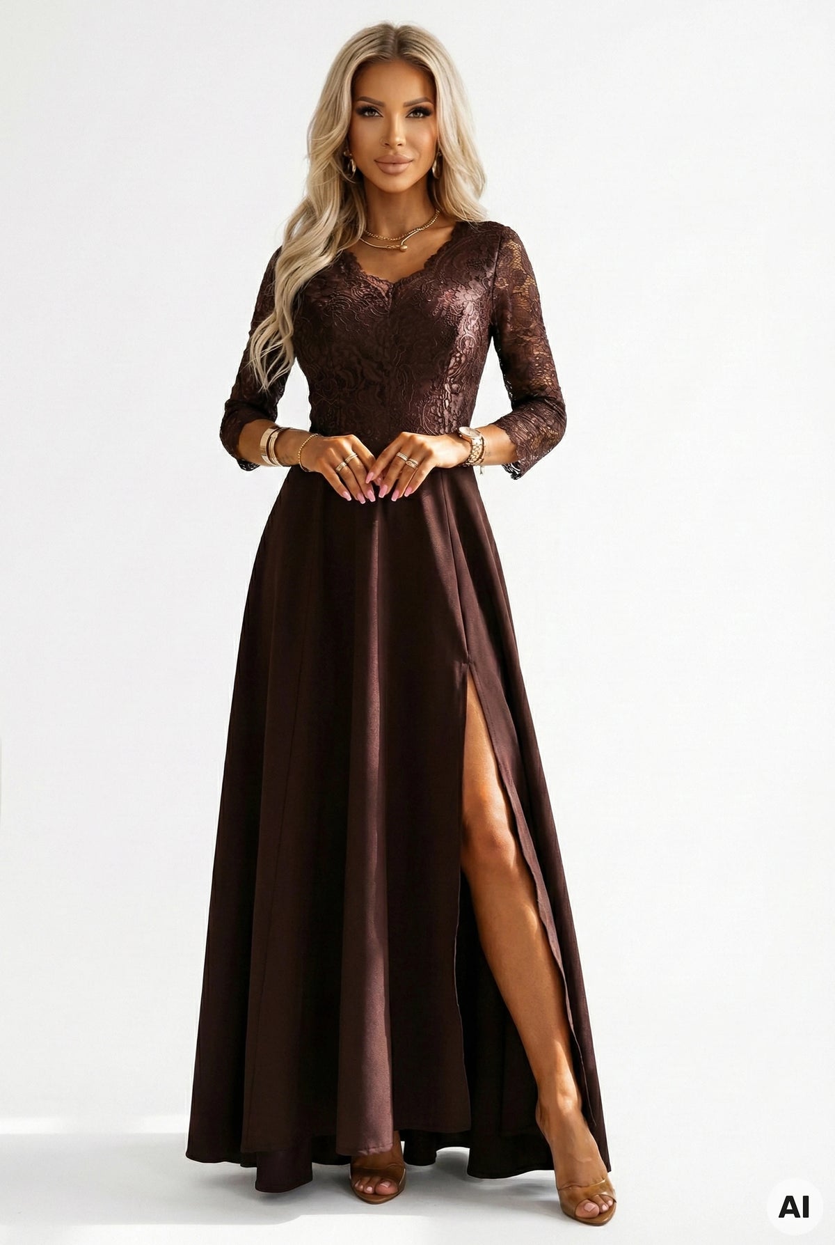 309-14 AMBER Rochie lungă elegantă din dantelă cu decolteu - ciocolatiu