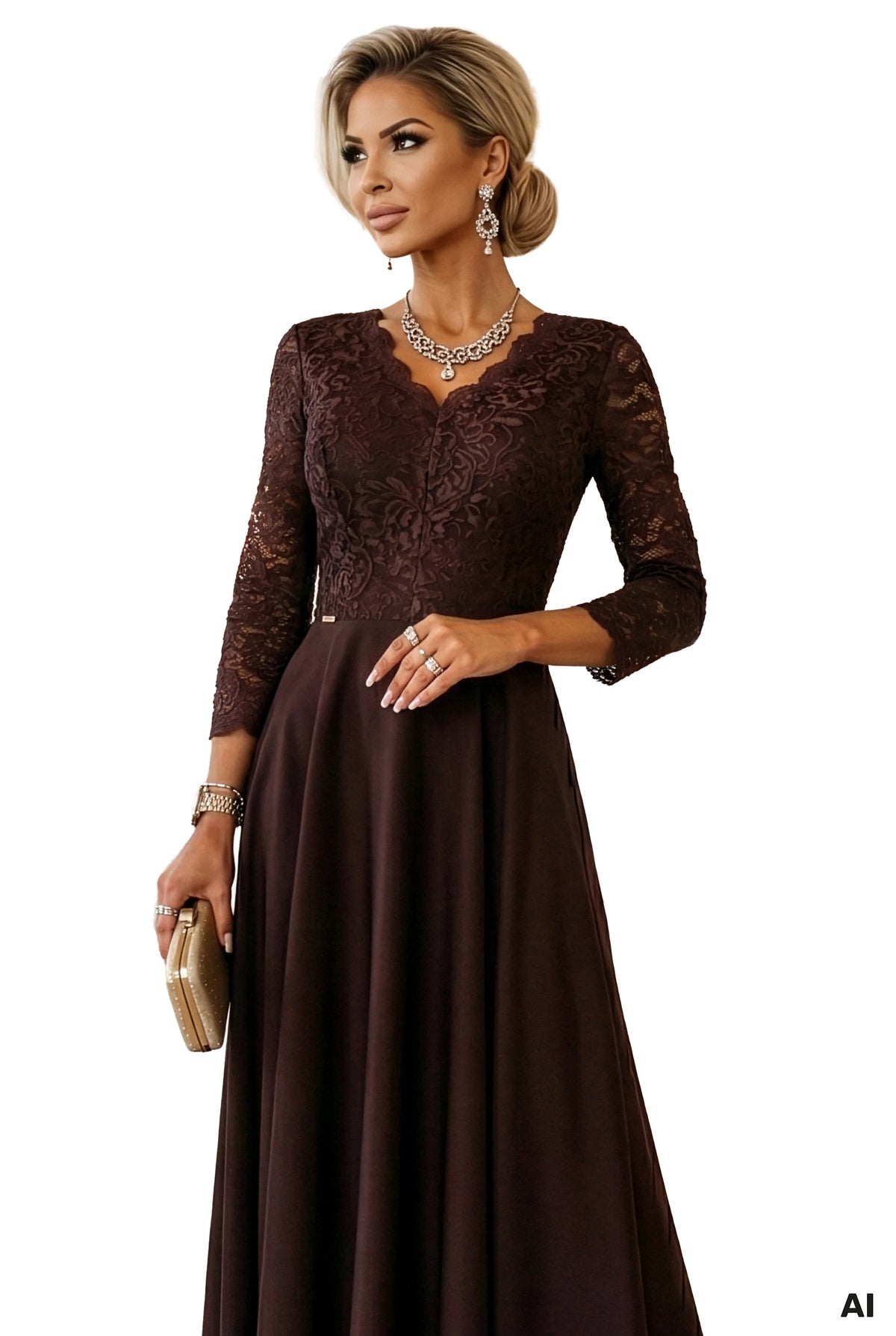 309-14 AMBER Rochie lungă elegantă din dantelă cu decolteu - ciocolatiu