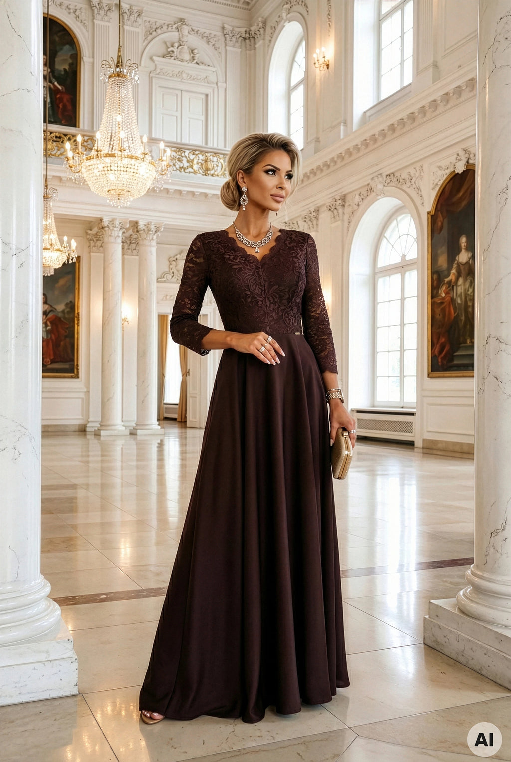 309-14 AMBER Rochie lungă elegantă din dantelă cu decolteu - ciocolatiu