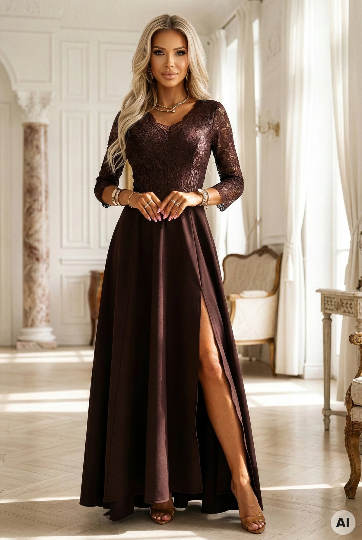 309-14 AMBER Rochie lungă elegantă din dantelă cu decolteu - ciocolatiu