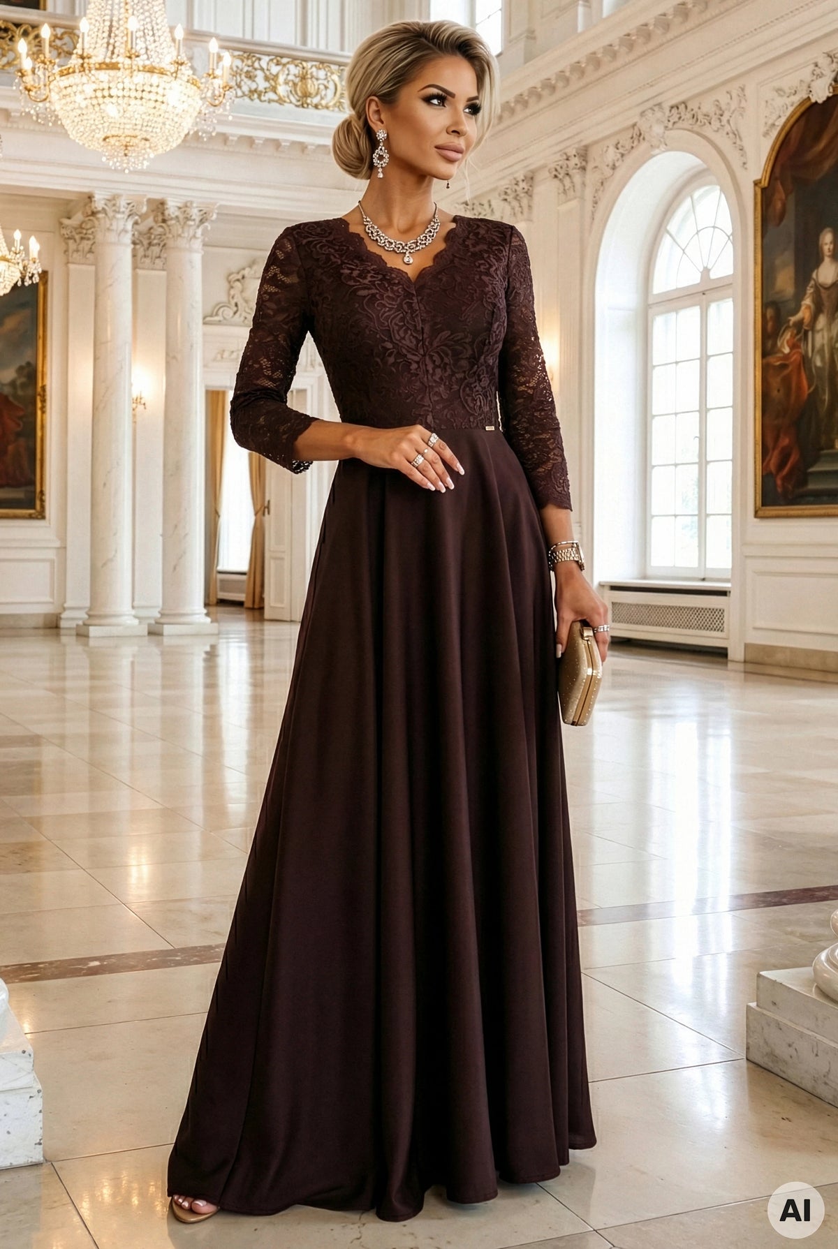 309-14 AMBER Rochie lungă elegantă din dantelă cu decolteu - ciocolatiu