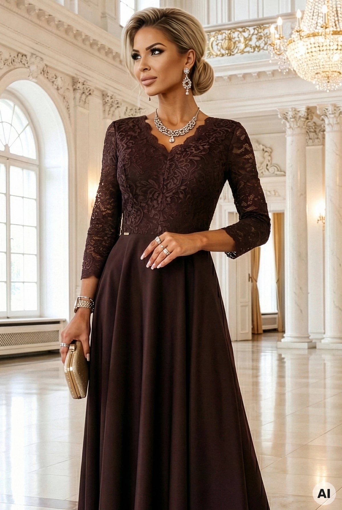 309-14 AMBER Rochie lungă elegantă din dantelă cu decolteu - ciocolatiu