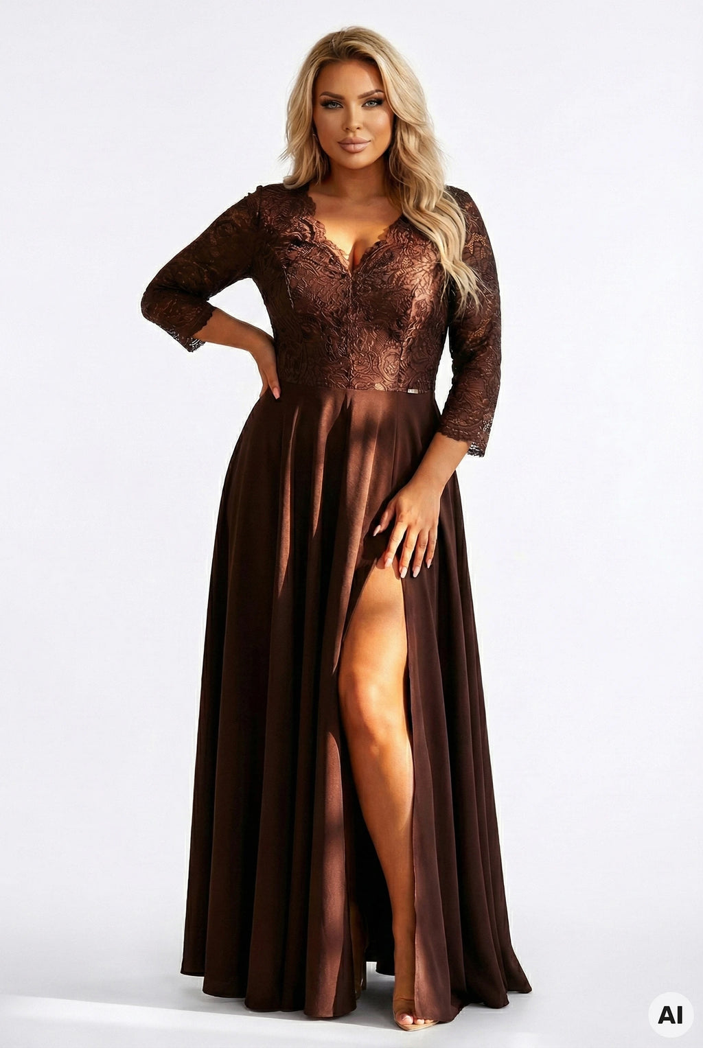 309-14 AMBER Rochie lungă elegantă din dantelă cu decolteu - ciocolatiu