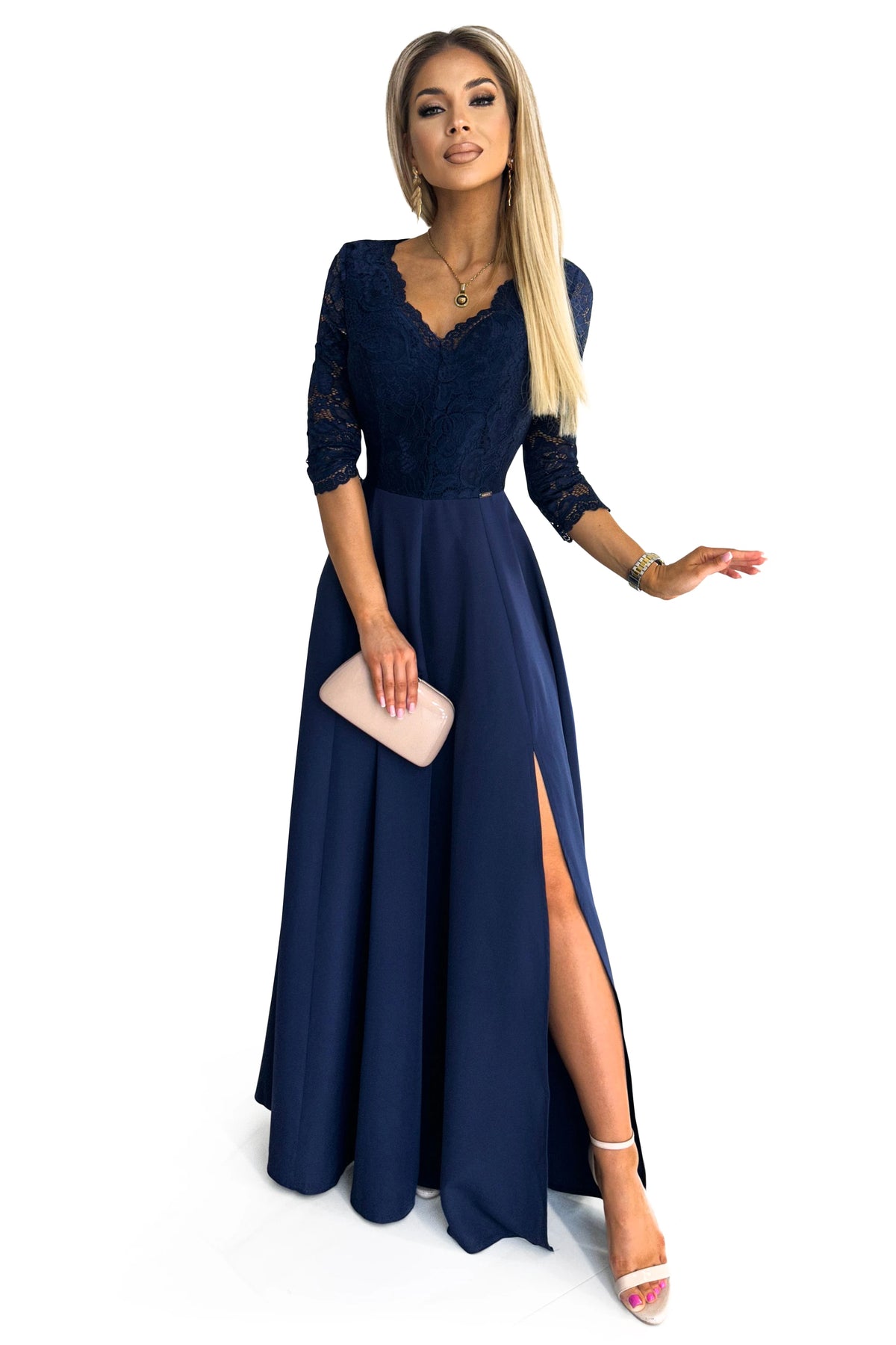 309-6 AMBER rochie lungă elegantă din dantelă cu decolteu - MARINARă