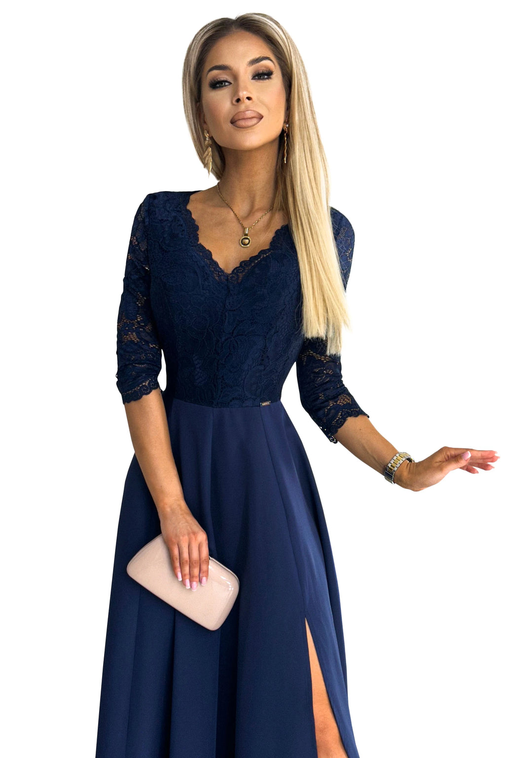 309-6 AMBER rochie lungă elegantă din dantelă cu decolteu - MARINARă