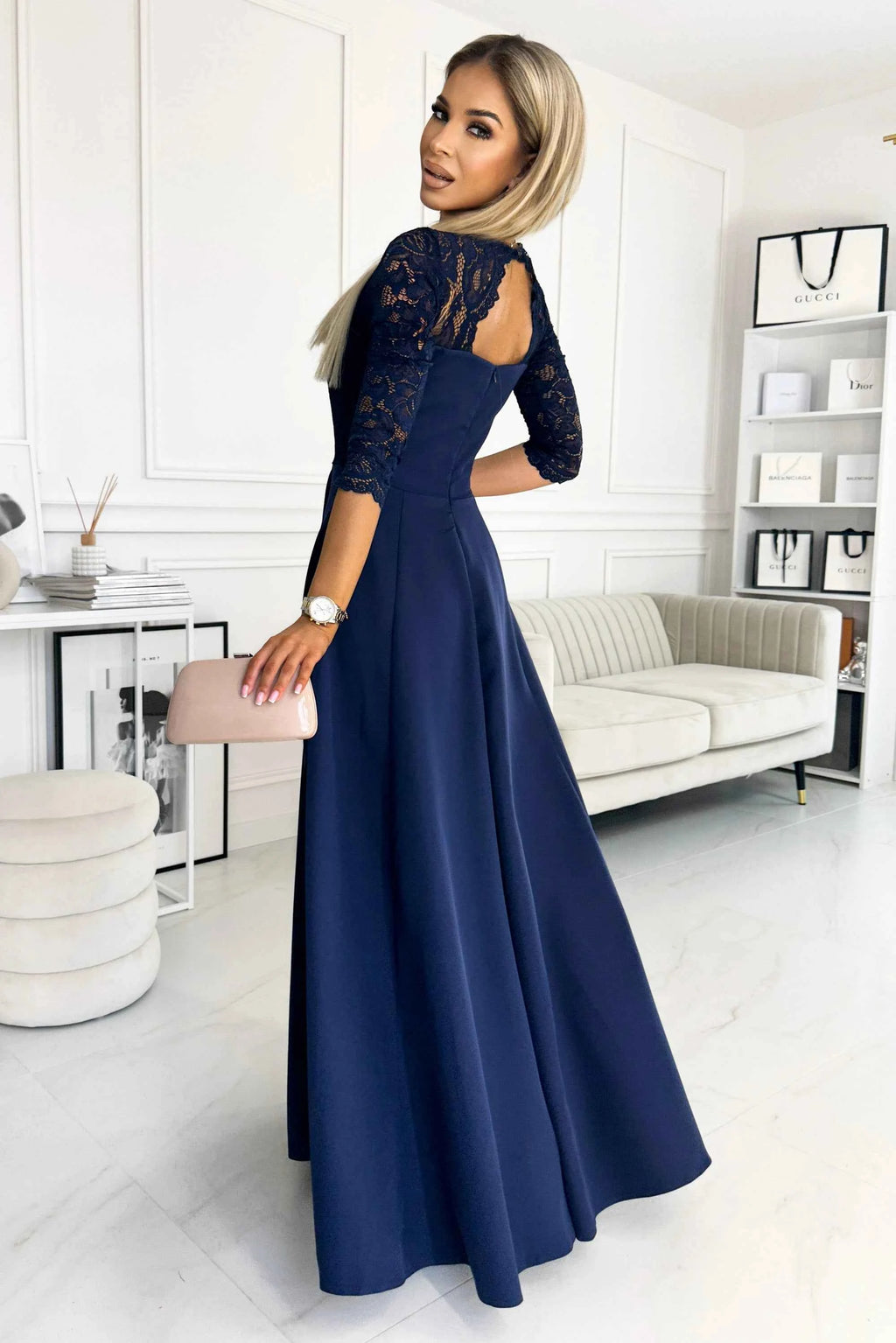 309-6 AMBER rochie lungă elegantă din dantelă cu decolteu - MARINARă