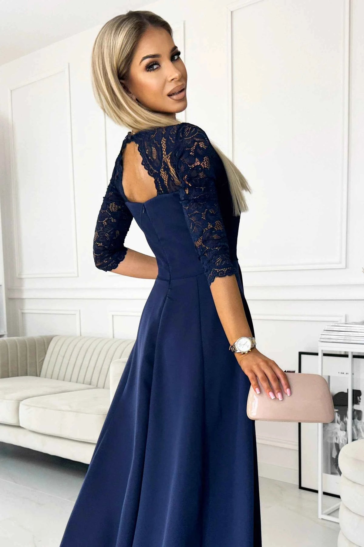 309-6 AMBER rochie lungă elegantă din dantelă cu decolteu - MARINARă