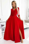 309-8 AMBER rochie lungă elegantă din dantelă cu decolteu și slit pe picior - ROȘIE