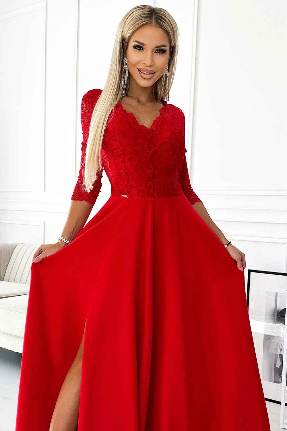 309-8 AMBER rochie lungă elegantă din dantelă cu decolteu și slit pe picior - ROȘIE