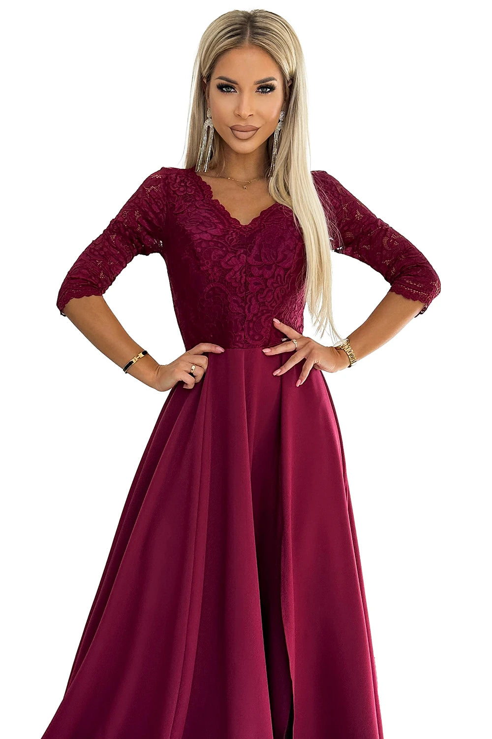 309-9 AMBER rochie lungă elegantă maxi cu decolteu din dantelă - VISINIU