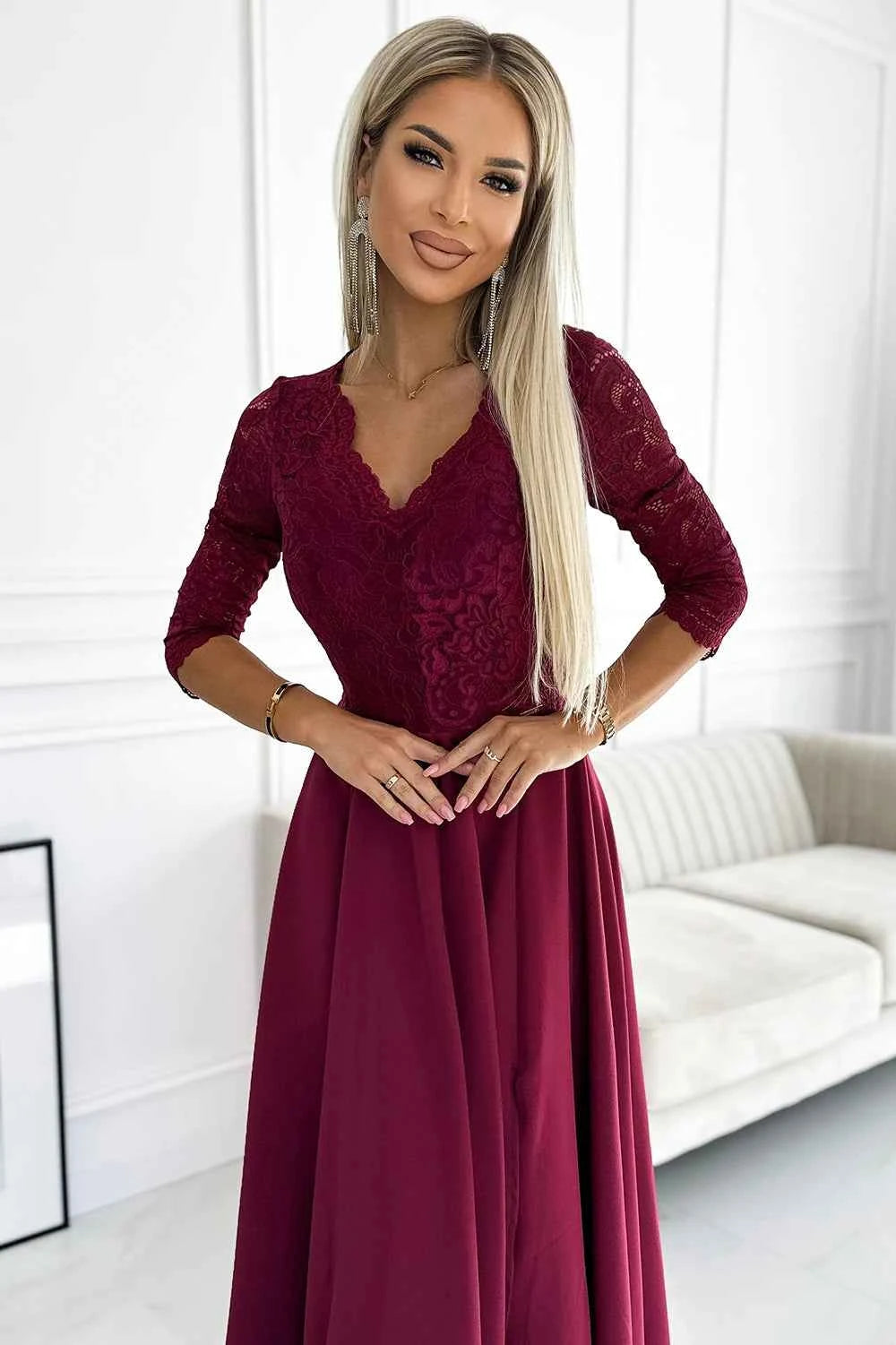 309-9 AMBER rochie lungă elegantă maxi cu decolteu din dantelă - VISINIU