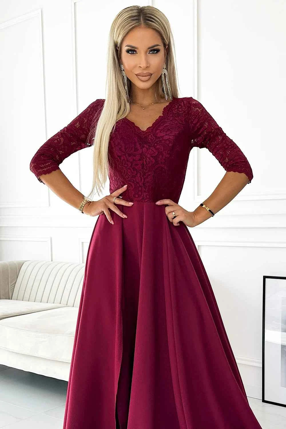309-9 AMBER rochie lungă elegantă maxi cu decolteu din dantelă - VISINIU