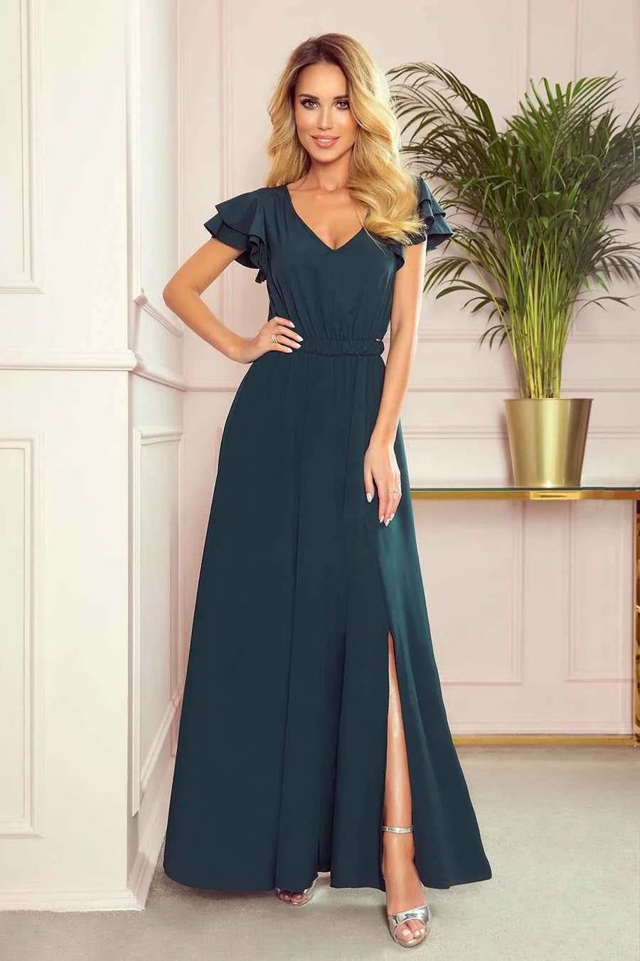 310-1 LIDIA rochie lungă cu decolteu și volane - VERDE STICLĂ