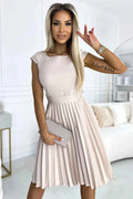 311-14 LILA Rochie plisată cu mânecă scurtă și curea - BEJ