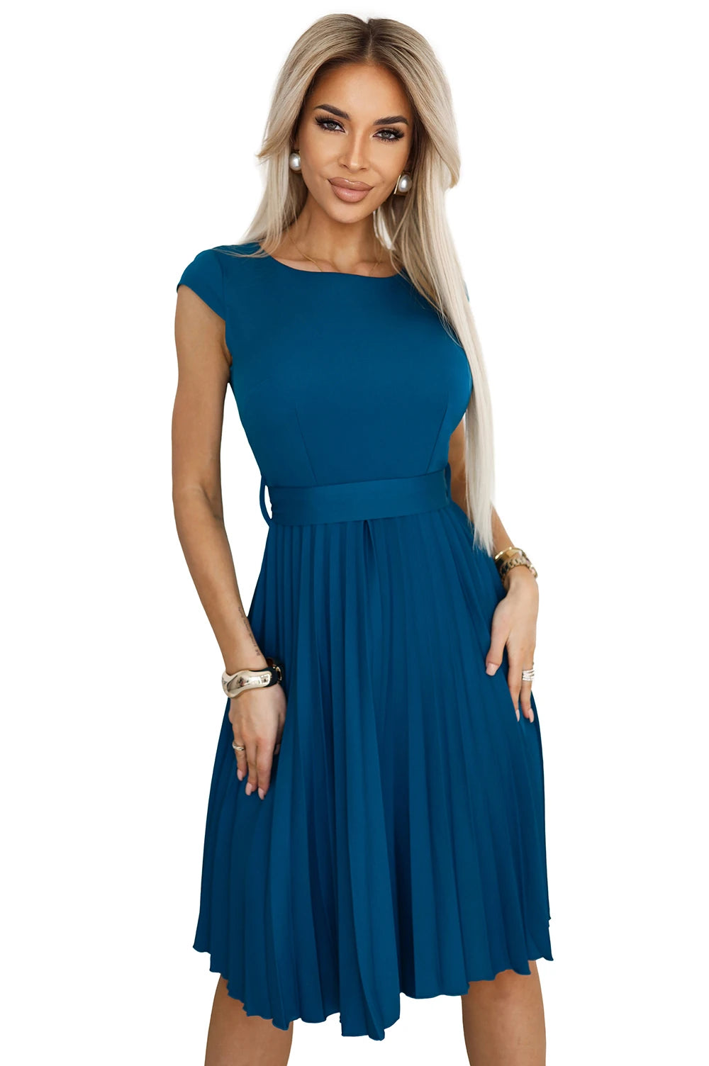 311-17 LILA Rochie clasică plisată cu mâneci scurte și curea - culoarea mării