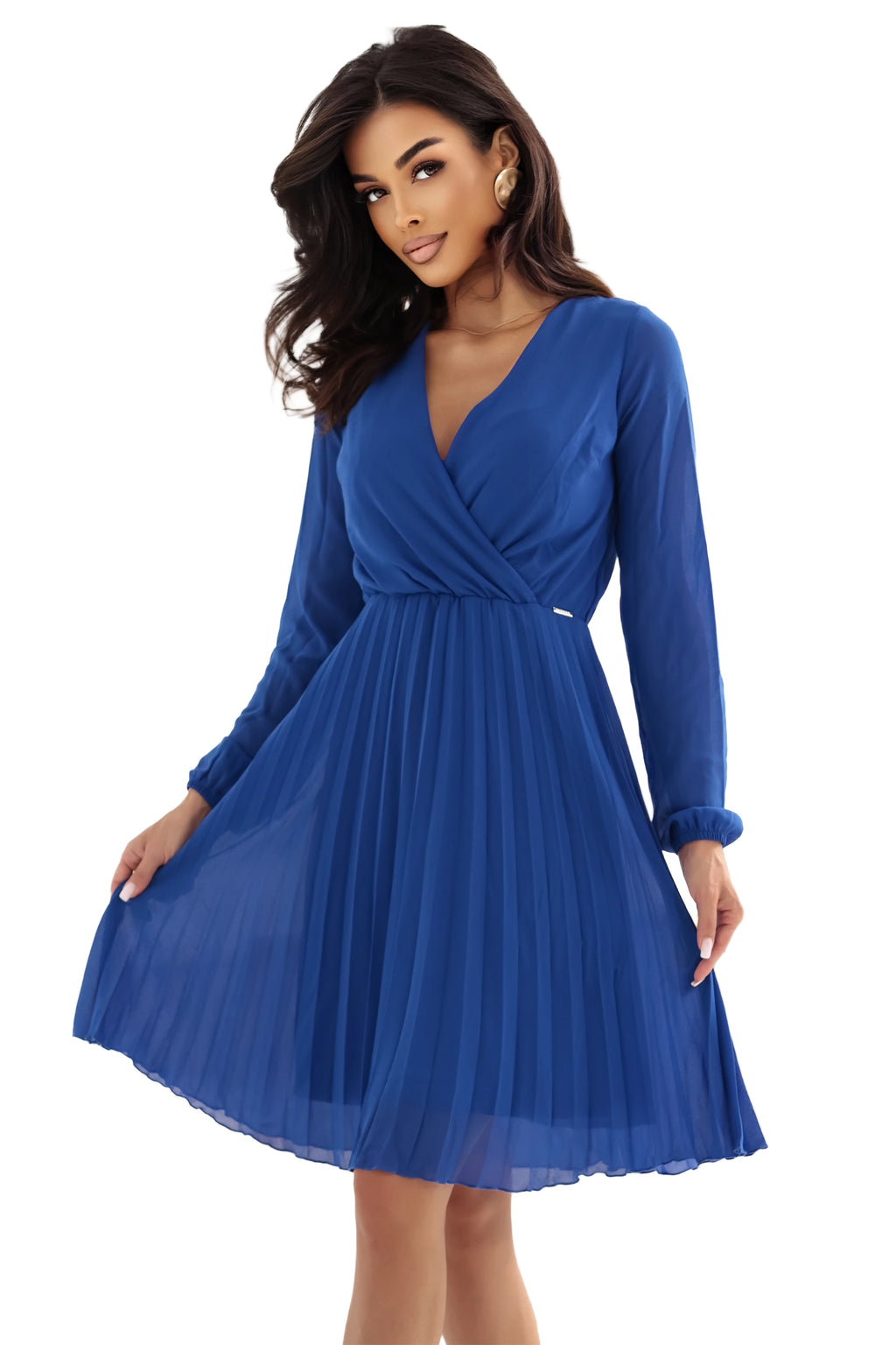 313-18 ISABELLE Rochie elegantă plisată cu decolteu și mâneci lungi - albastru-albăstrele