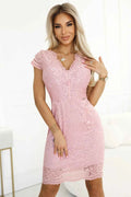 316-11 Rochie din dantela cu maneci scurte si decolteu - roz pudrat