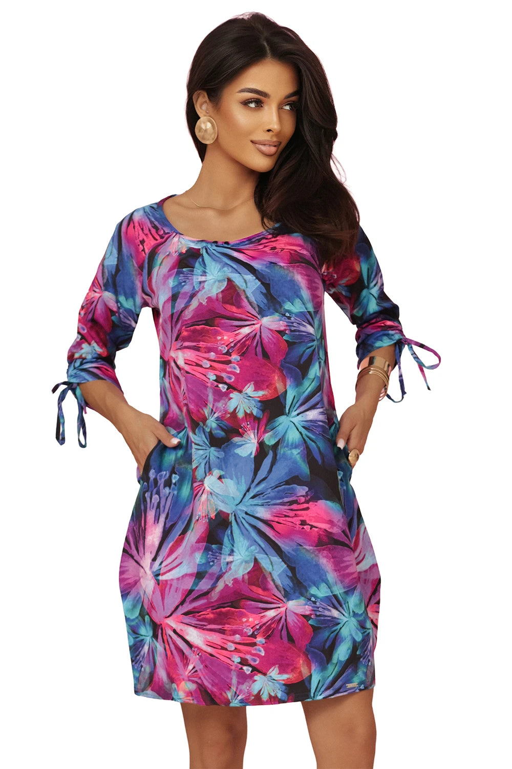 323-2 Rochie confortabilă supradimensionată cu legături la mâneci - flori colorate
