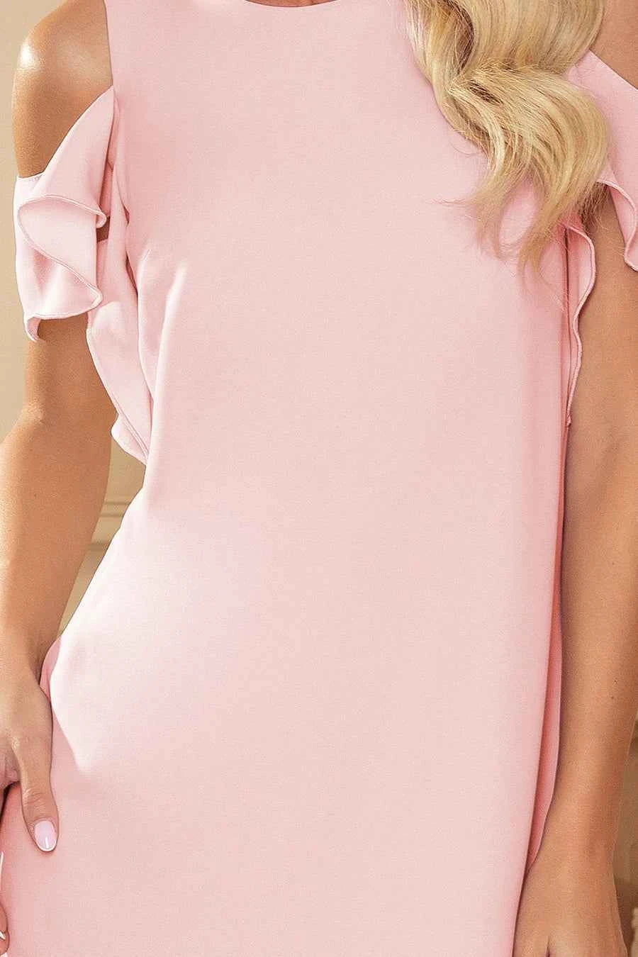 359-1 Rochie trapezoidală cu volane pe umeri - ROZ PASTEL