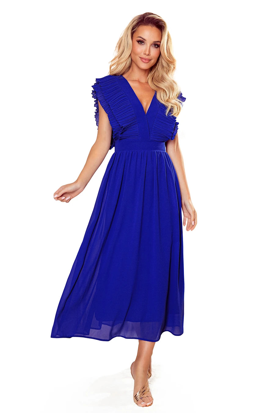 367-2 YANA Rochie MIDI cu pliseuri și decolteu - ALBASTRU COBALT