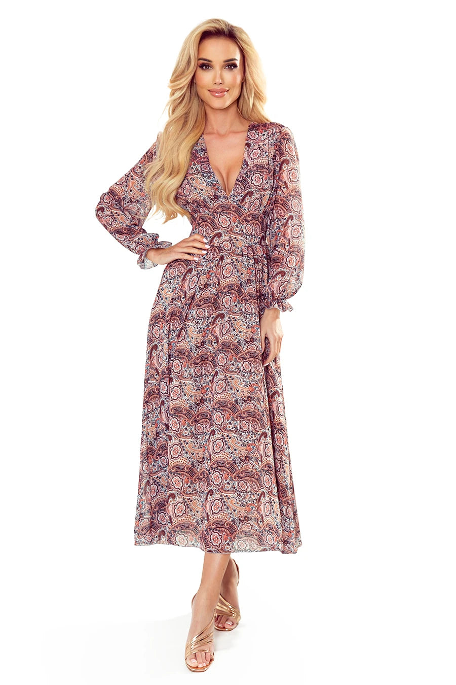 378-1 Rochie șifon MIDI - model BOHO maro