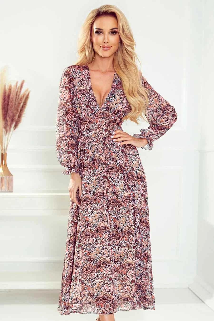 378-1 Rochie șifon MIDI - model BOHO maro