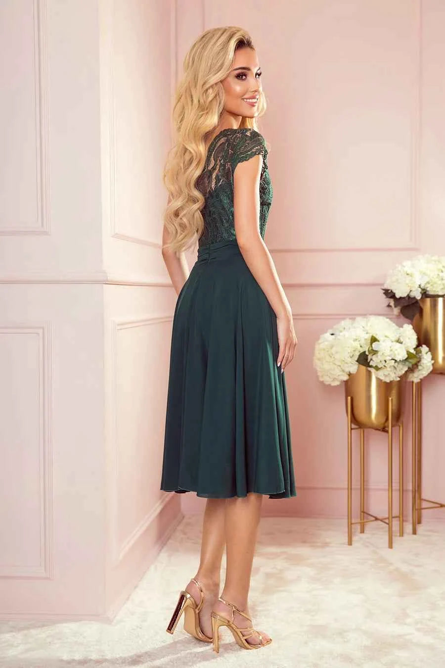 381-2 LINDA - rochie șifon cu decolteu din dantelă - VERDE STICLĂ