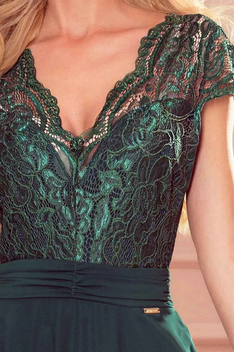 381-2 LINDA - rochie șifon cu decolteu din dantelă - VERDE STICLĂ