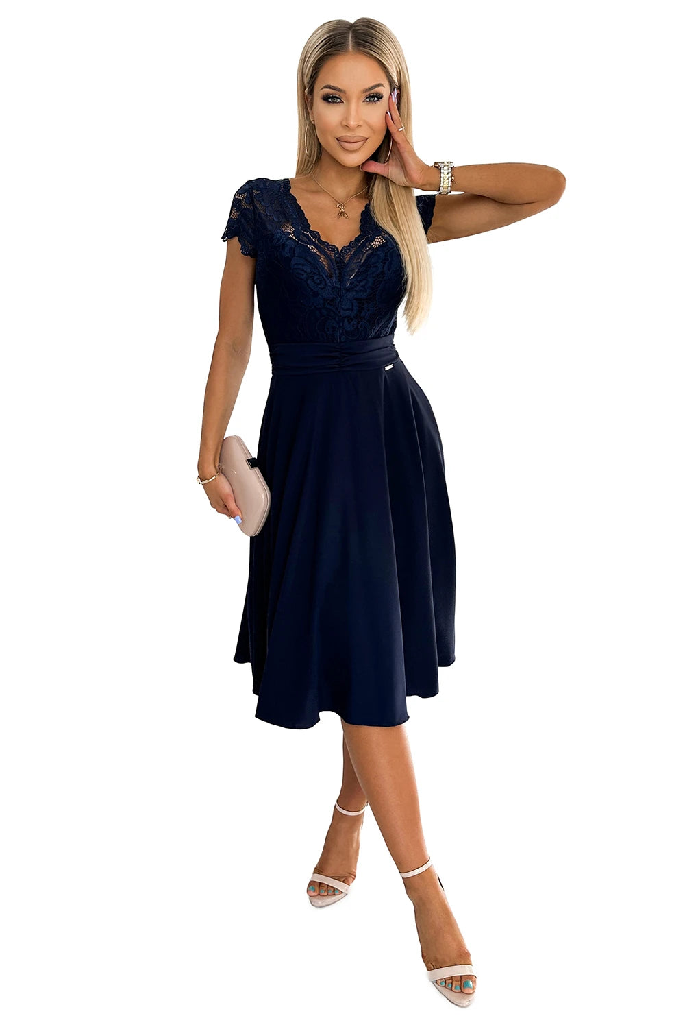 381-4 LINDA - rochie șifon cu decolteu din dantelă - MARINAR