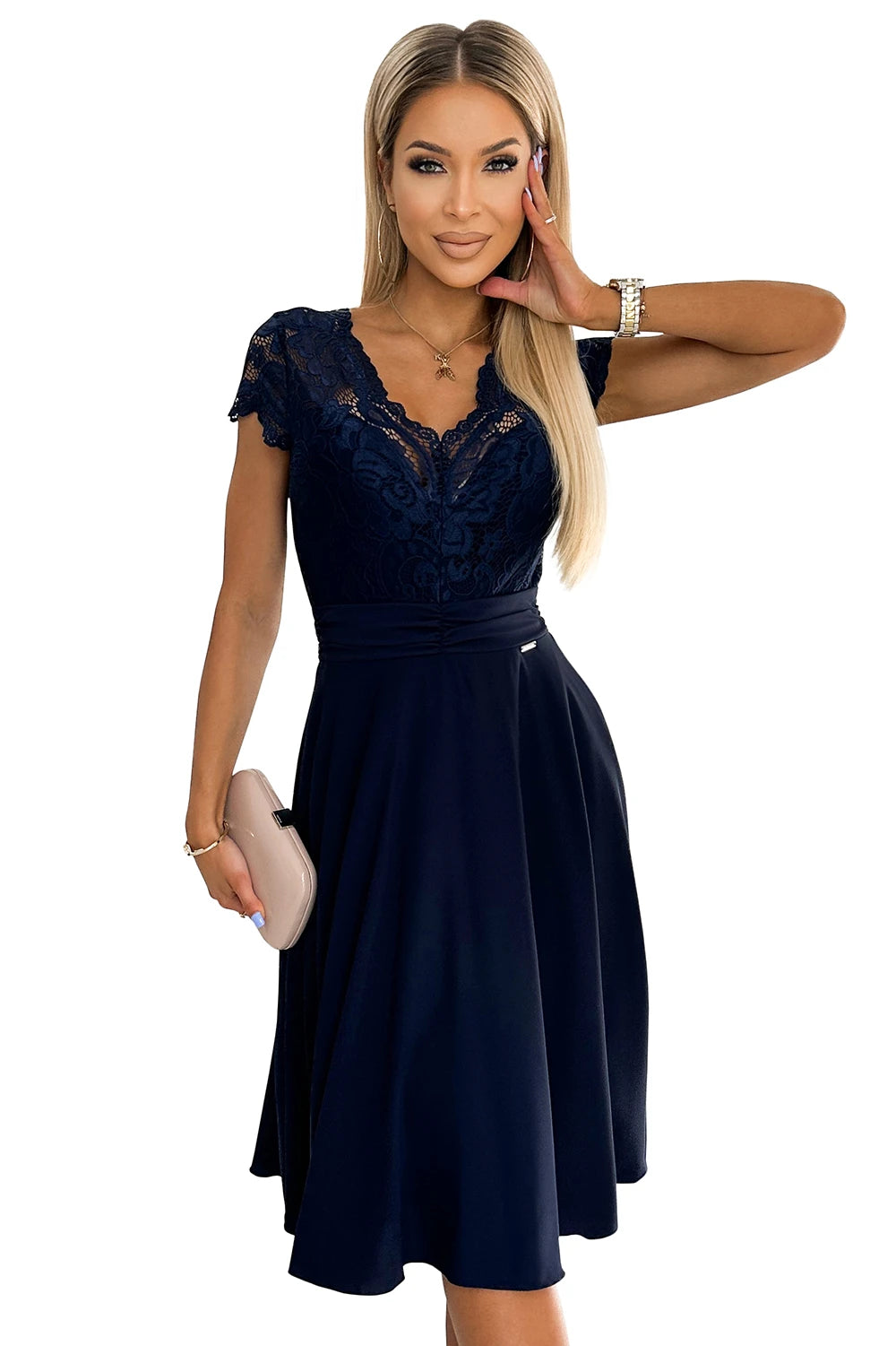 381-4 LINDA - rochie șifon cu decolteu din dantelă - MARINAR