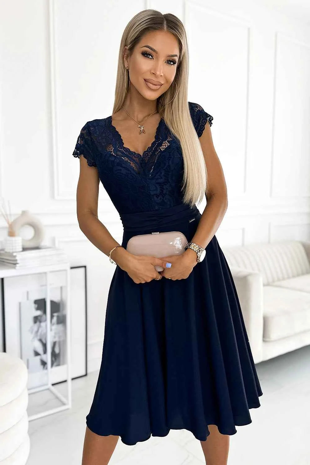 381-4 LINDA - rochie șifon cu decolteu din dantelă - MARINAR