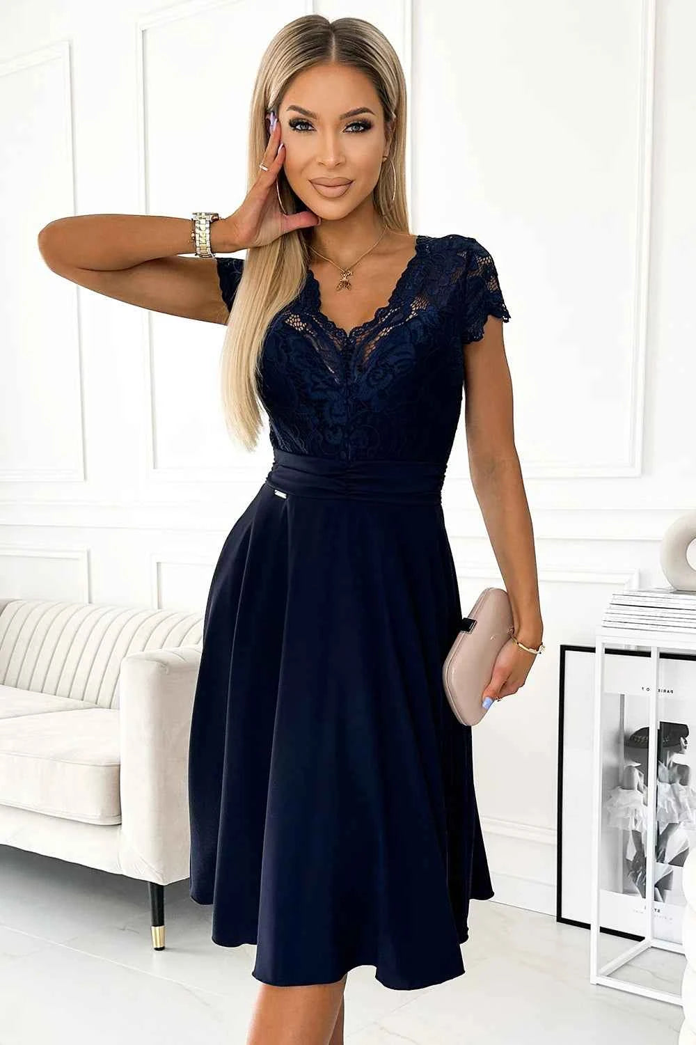 381-4 LINDA - rochie șifon cu decolteu din dantelă - MARINAR