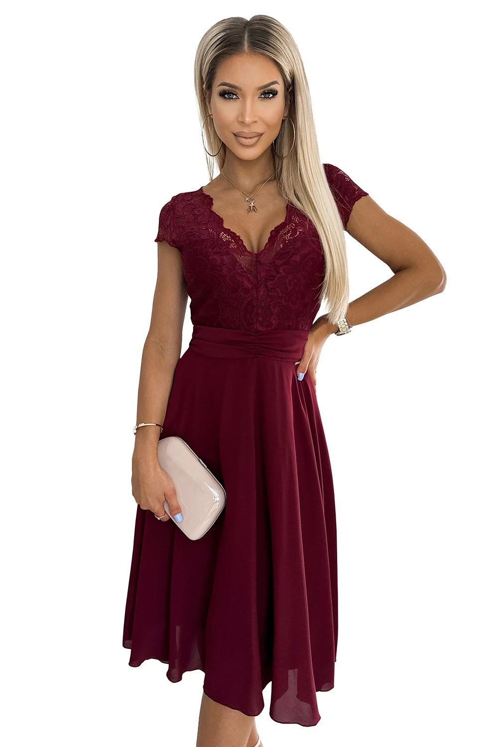 381-5 LINDA - rochie șifon cu decolteu din dantelă - VISINIU