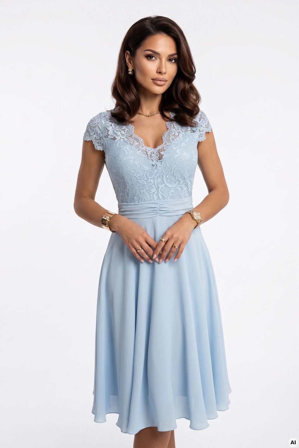 381-8 LINDA rochie lejera din sifon cu decolteu din dantela - albastra