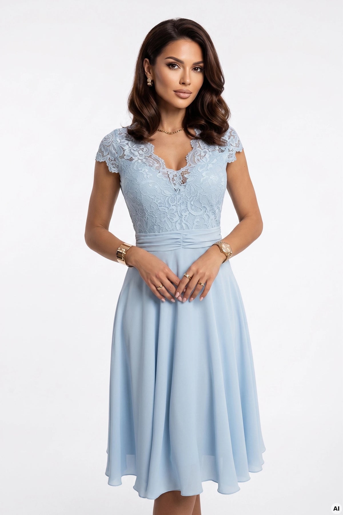 381-8 LINDA rochie lejera din sifon cu decolteu din dantela - albastra